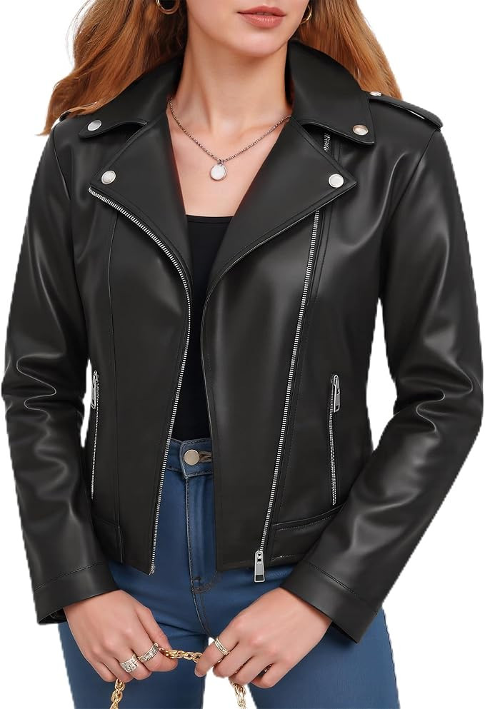 Women Leather Jacket Faux Cropped Coat Cute Short Zip Up for Casual Rock Concert Game Day Edgy Vi... | Amazon (US)