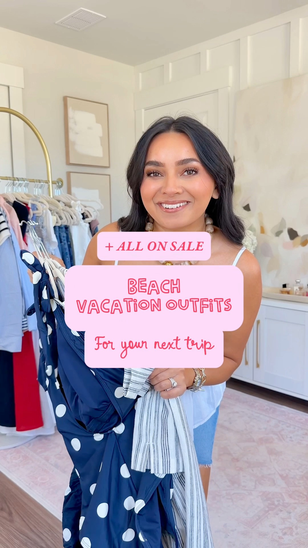 Vacation Summer Beach Outfits - On Sale!
For reference: I’m 5’0, petite, 32b bra size, and 2/26 in bottoms, pear shaped. 
*Everything I share is unaltered! TTS means true to size. Between size 5-6.5 in shoes

Navy polka dot swimsuit size xs TTS
Clear sandals size 5.5 TTS

Navy polka dot dress size xs petite TTS
Clear heels size 5 TTS

Pink maxi halter dress size xs petite TTS
Clear heels size 5 TTS

Striped linen top size xs petite TTS
Striped linen pants size xs petite TTS
Brown sandals are Hermes, similar linked

White Crochet fringe top size xs petite TTS
White Crochet fringe skirt size xs petite TTS
Clear heels size 5 TTS

Navy bikini top size xs TTS
Navy bikini bottoms size xs TTS
Brown sandals are Hermes, similar linked

Pink printed swimsuit size xs TTS
Pink printed sarong one size 
Clear sandals size 5.5 TTS

White cami tank size xs petite TTS
Denim shorts size 25 - I sized down one size
Clear sandals size 5.5 TTS

Summer outfits
Summer dresses
Date night outfits
Memorial Day outfits 
Vacation outfits beach

#LTKPetite #LTKTravel #LTKSaleAlert