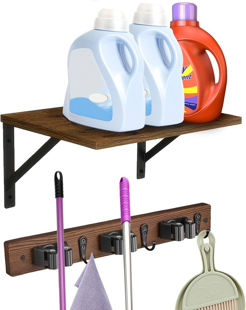 Broom and Mop Organizer Wall Hanging with Cleaning Supplies Organizer Shelf Rustic Farmhouse Wood... | Amazon (US)