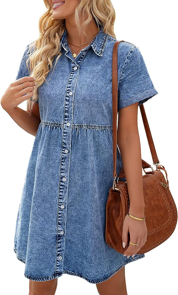 LookbookStore Women's Short Sleeve Button Down Flowy Tiered Babydoll Denim Dress | Amazon (US)