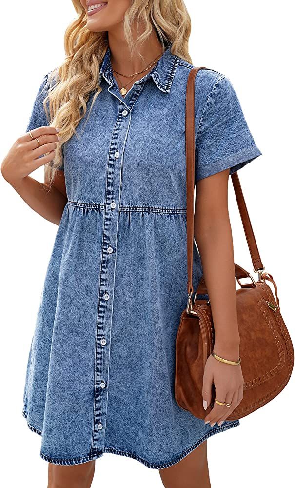 LookbookStore Women's Short Sleeve Button Down Flowy Tiered Babydoll Denim Dress | Amazon (US)