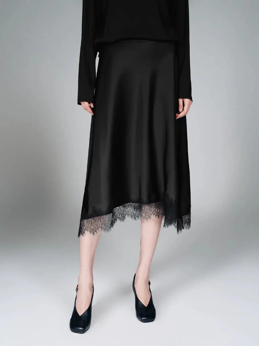 Polyester Pull-On Lace Hem A-Line Midi Skirt | Urban Revivo