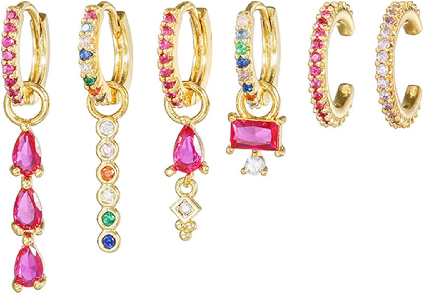 6pcs Gold Hoop Earring Stacks For Women Dainty Colorful Cubic Zirconia Huggie Earrings 18k Gold H... | Amazon (US)