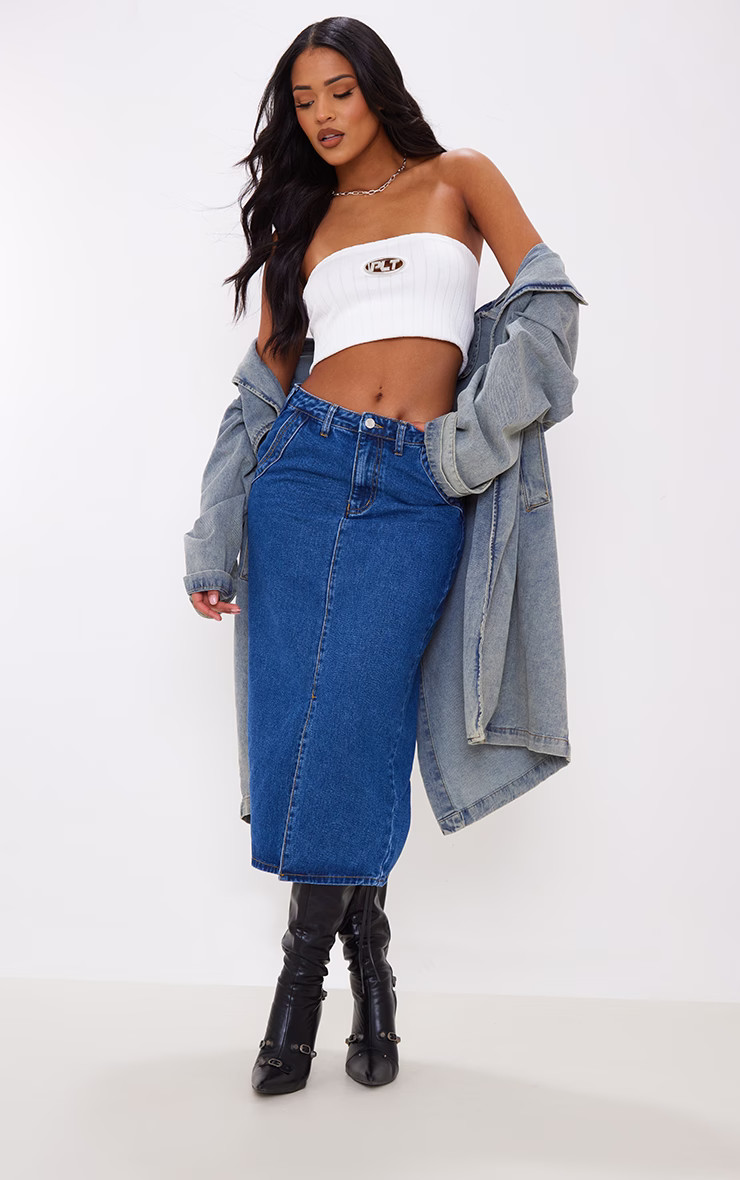 Tall Mid Blue Wash Denim Midi Skirt | PrettyLittleThing US