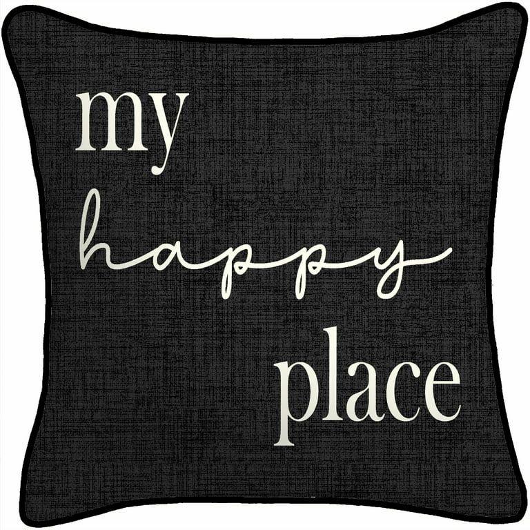 Mainstays My Happy Place Reversible Outdoor Throw Pillow, 16", Black Novelty and Leaves | Walmart (US)