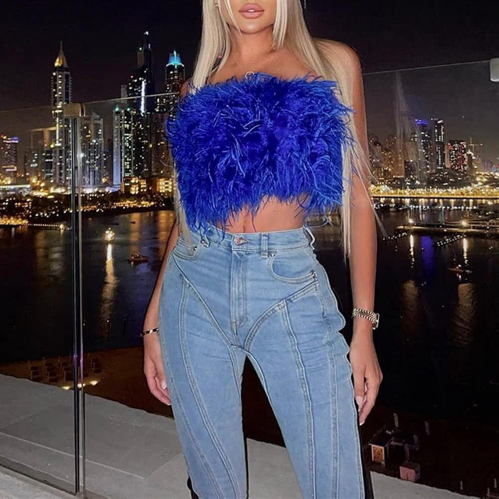 ZGMYC Women's Sexy Feather Crop Top Furry Faux Fur Strapless Tube Top Bandeau Sleeveless Camisole fo | Amazon (US)