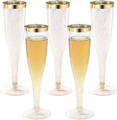 24 Plastic Champagne Flutes Disposable | Gold Rim Gold Glitter Plastic Champagne Glasses for Parties | Amazon (US)