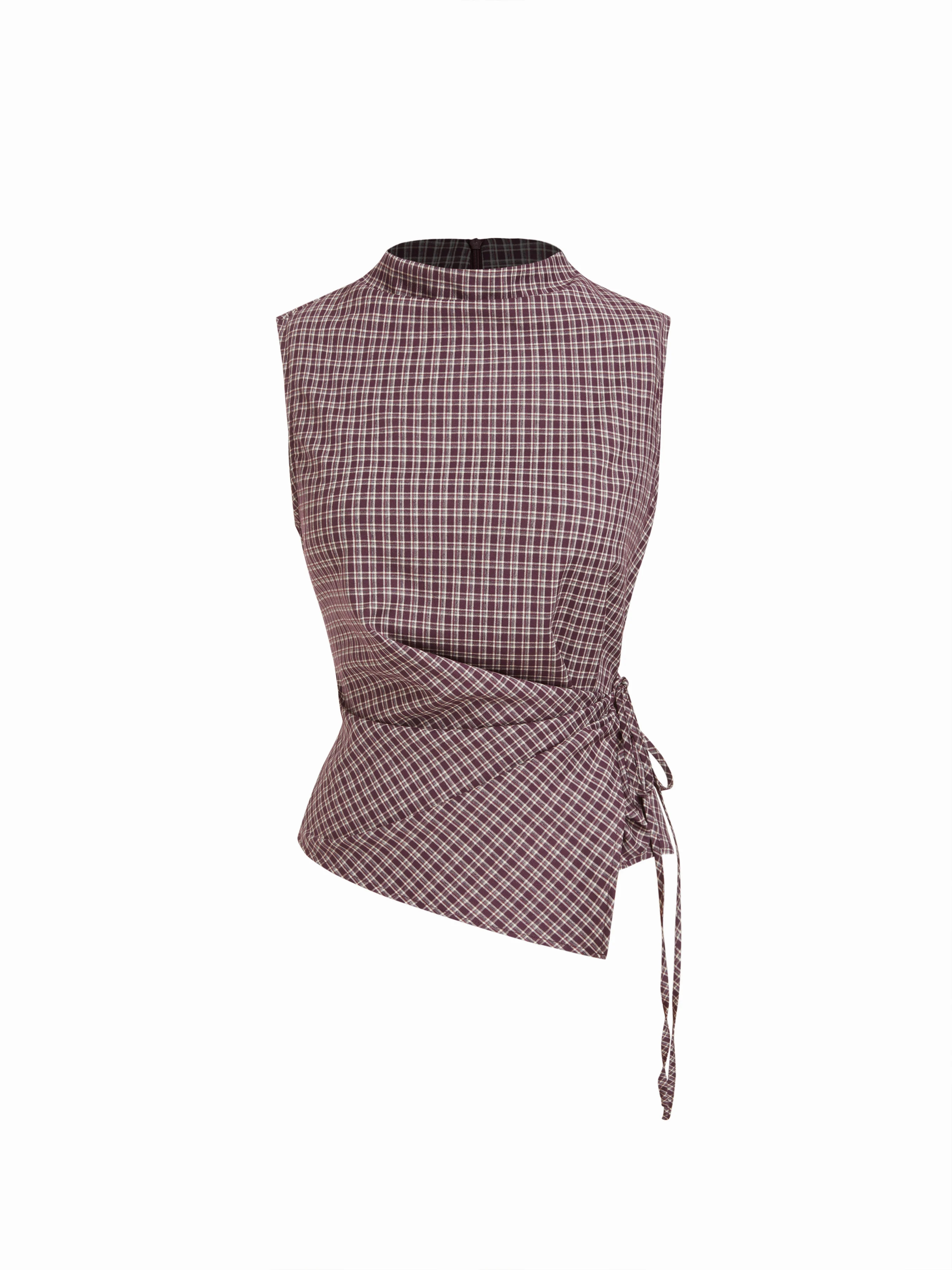Stand Collar Texture Ruched Knotted Tank Top | Cider