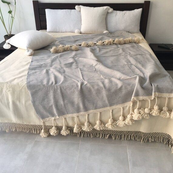 Moroccan Hand loomed Pom Pom blanket, bohemian blanket, cotton blanket, berber blanket, bedspread, h | Etsy (CAD)