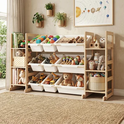 Kids Bookshelf and Toy Storage Organizer 6 Tier with 9 Toy Bins Wood and Off-White | Wayfair North America
