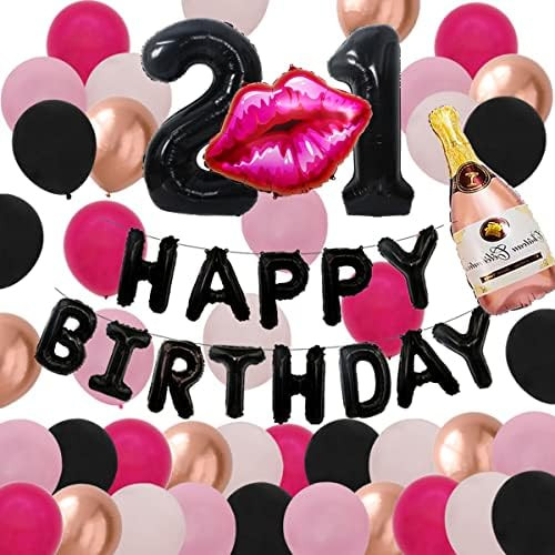 21st Birthday Decorations for Her Black Pink 21st Bday Decorations for Women, Black 21 Balloon Numbe | Amazon (US)