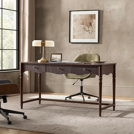 HULALA HOME 60" Writing Desk, Fluted Drawer, Solid Wood Spindle Legs, Auburn | Amazon (US)