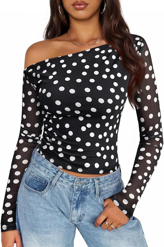 ZESICA Women's Floral Off Shoulder Long Sleeve Tops 2025 Fall Mesh Ruched Fitted Trendy Going Out... | Amazon (US)