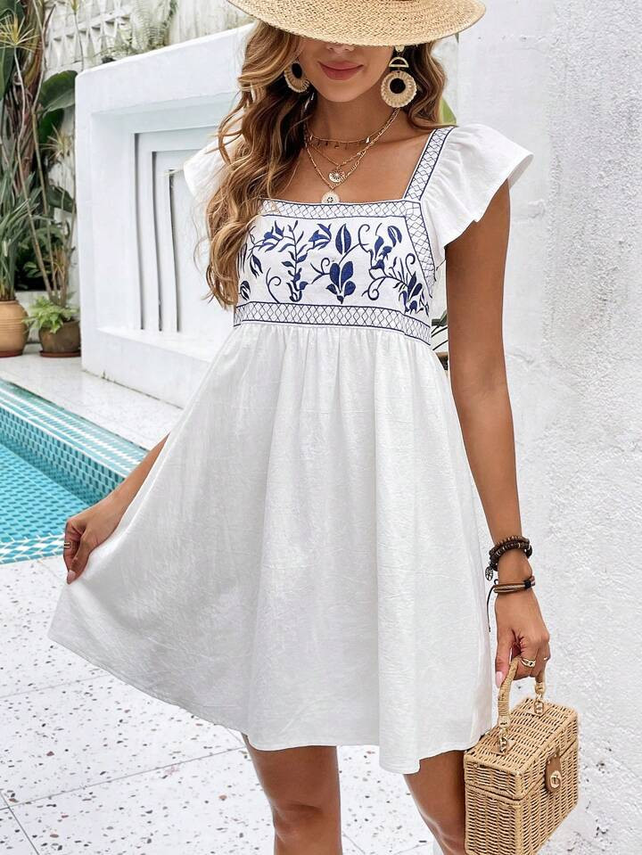 SHEIN VCAY Floral Embroidery Ruffle Trim Smock Dress | SHEIN