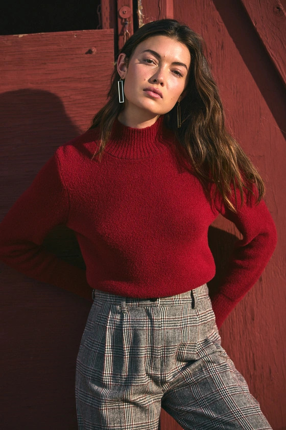 Endlessly Cozy Red Fuzzy Long Sleeve Mock Neck Sweater | Lulus (US)
