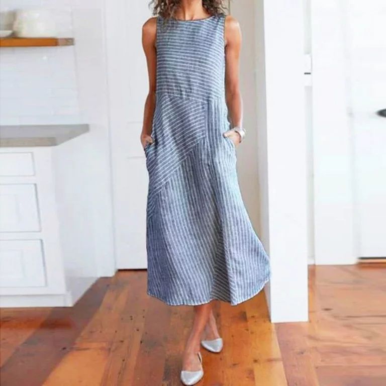 Women Casual Striped Sleeveless Dress Crew Neck Linen Pocket Long Dress Petite Spring Maxi Dresse... | Walmart (US)