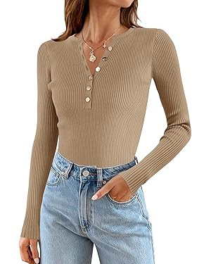 ZESICA Women's 2023 Long Sleeve Button Down V Neck Slim Fitted T Shirts Fall Casual Ribbed Knit B... | Amazon (US)