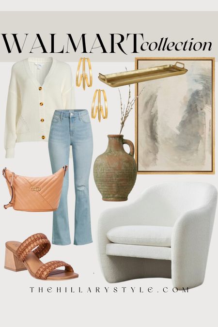 Walmart Collection: Home decor and fashion finds for a Spring Refresh from Walmart. Boucle accent chair, white chair, framed neutral art, ceramic vase, ceramic jug, gold tray, faux stems, boyfriend jeans, light wash denim, cardigan, boyfriend cardigan sweater, braided sandals, quilted handbag, gold hoop earrings.

#LTKstyletip #LTKSeasonal #LTKhome