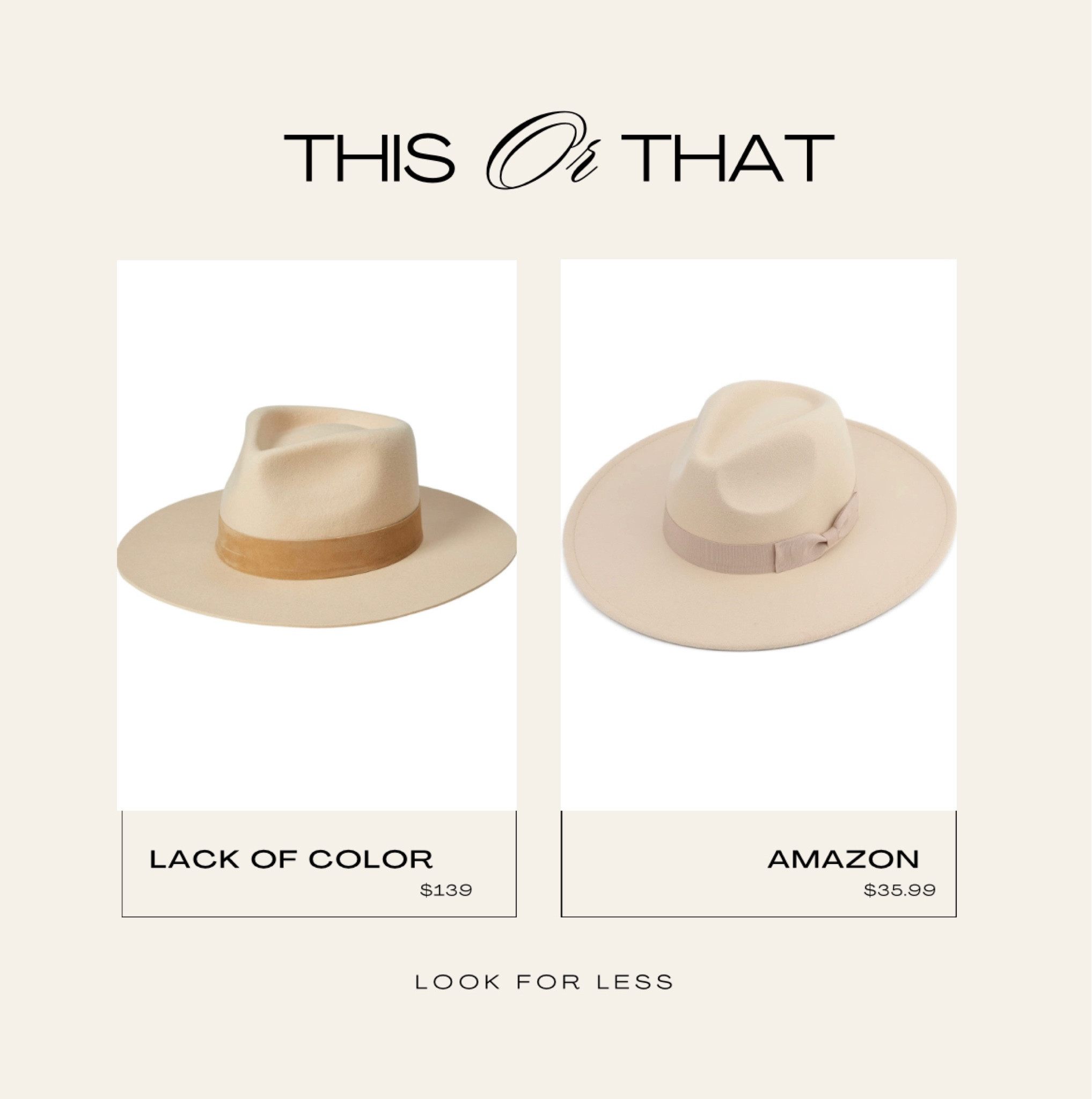 #lookforless #dupe #lackofcolor vs #amazonfashion wide brim neutral hat 

#LTKFind #LTKSeasonal #LTKstyletip
