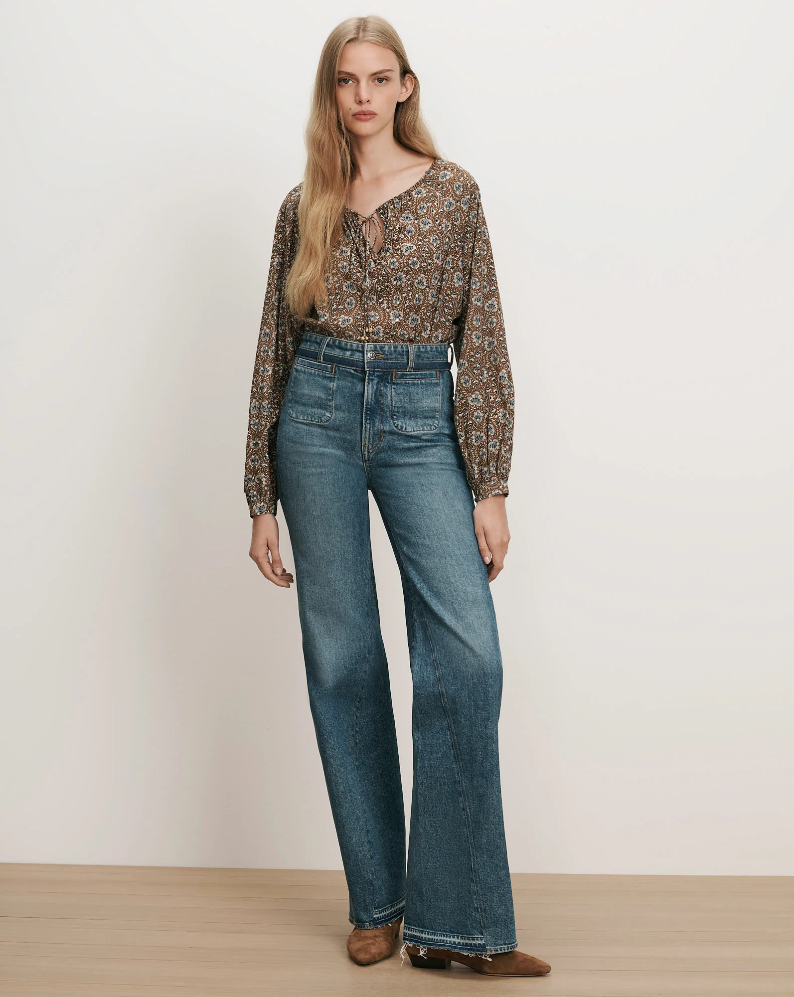 Rhosen Boho Floral Blouse in Tan & Blue Acorn Multi | Veronica Beard | Veronica Beard