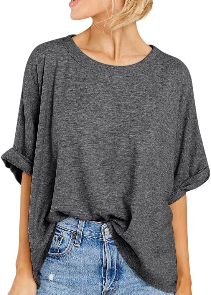Langwyqu Womens Tops Oversized Tshirts Summer Short Sleeve T Shirts Business Casual Loose Fit Basic Tees Spring Fall Fashion Trendy Clothes 2025 Dark Gray at Amazon Women\u2019s Clothing store | Amazon (US)