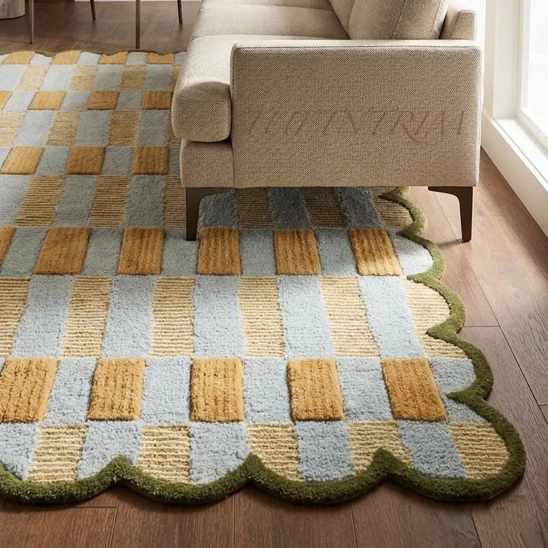 Mustard Checkered Rug Ivory Scalloped Edge Olive Green Wool Area Carpet Bedroom Decor | Etsy (Global)