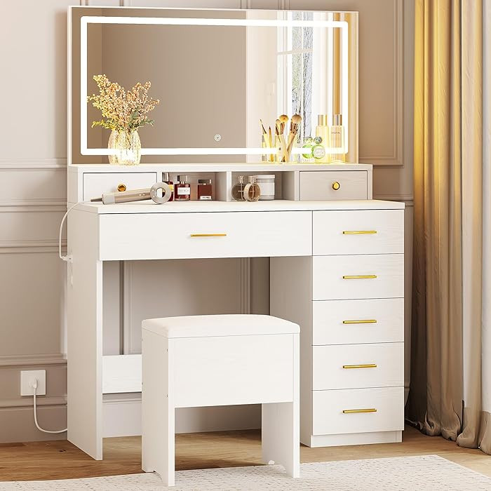 IRONCK Vanity Makeup Desk with 8 Drawers and Large Mirror, Dressing Table with Light and Storage ... | Amazon (US)