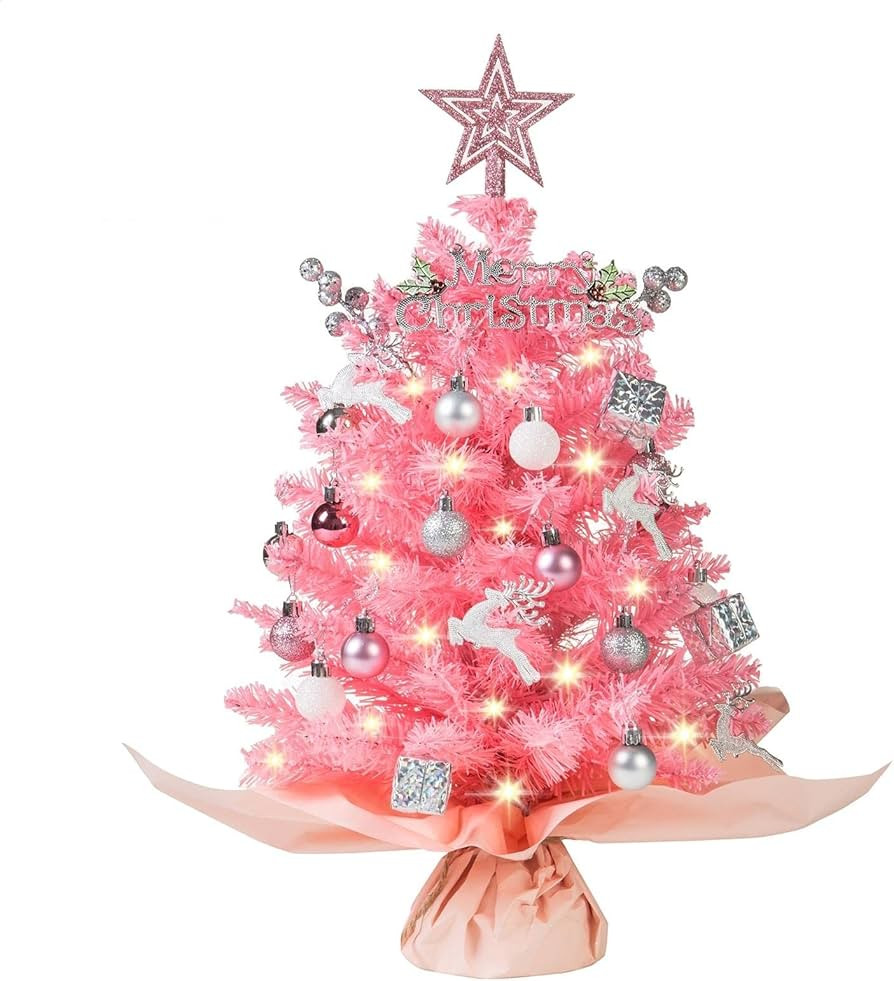 20" Mini Pink Christmas Tree, Artificial Small Table Top Christmas Tree with Warm Lights, Star Tr... | Amazon (US)