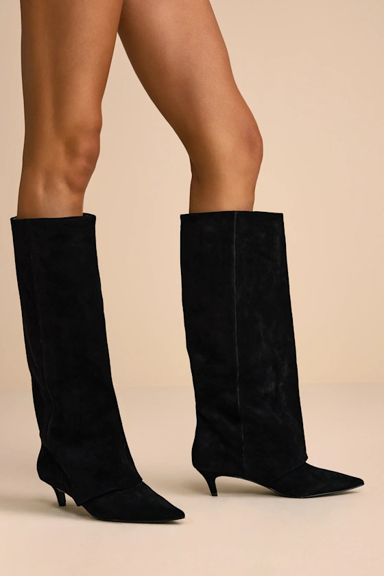 Luca Black Suede Leather Slouchy Knee-High Kitten Heel Boots | Lulus