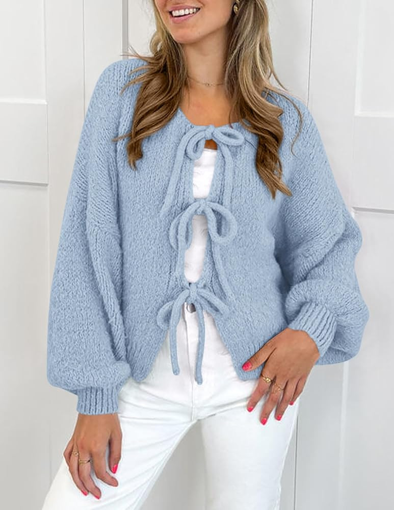 PRETTYGARDEN Women's Tie Front Bow Cardigan Sweaters Chunky Knit Long Puff Sleeve Trendy Fall Win... | Amazon (US)