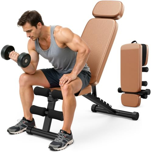XDDIAS Workout Bench, 10 Backrests Adjustable Weight Bench with Extended Headrest, 800LBS Foldable Weight Bench for Home Gym, Incline Decline Flat Bench Compact for Small Space Training, Caramel Brown | Amazon (US)