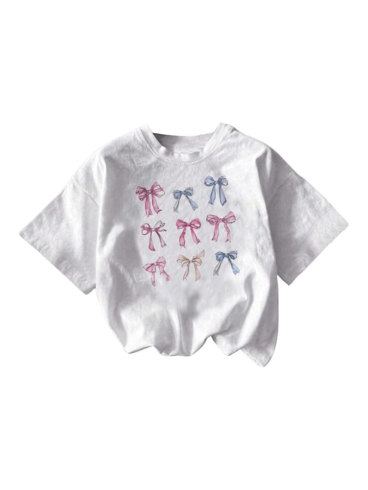 Girl's Graphic Tees Short Sleeve Bow Print Tee Tops Crew Neck Drop Shoulder Casual Summer T Shirt... | Amazon (US)