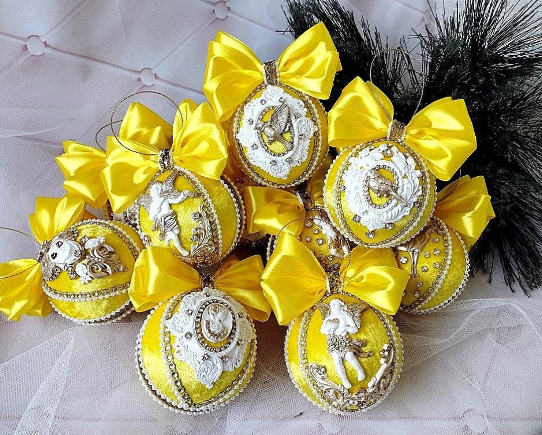 Christmas Ornaments Xmas Decorations Yellow Baubles Velvet Ornaments Tree Decor Set Xmas Ornament... | Etsy (US)