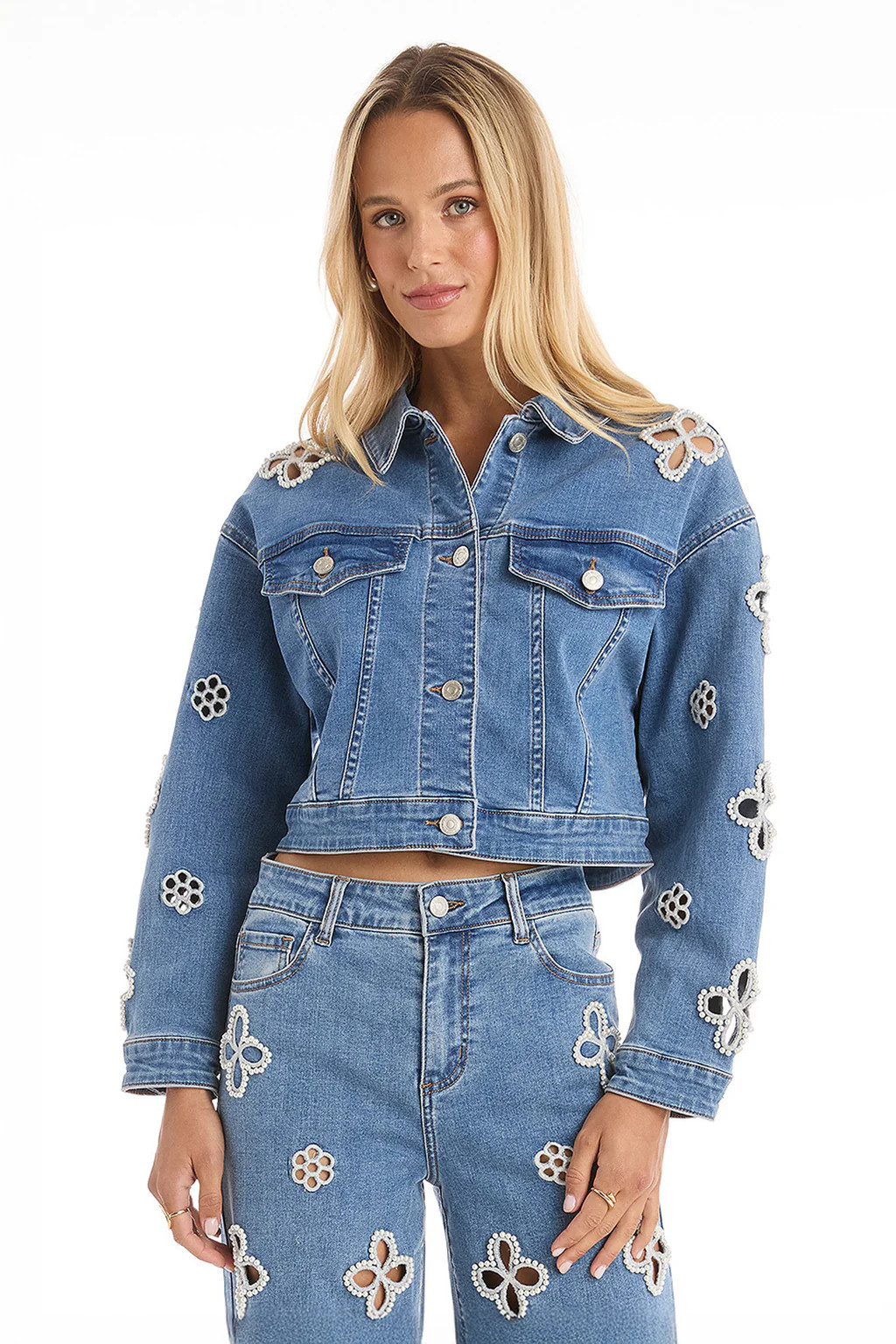 Kaia Pearl Jean Jacket - Medium Blue | The Noli Shop
