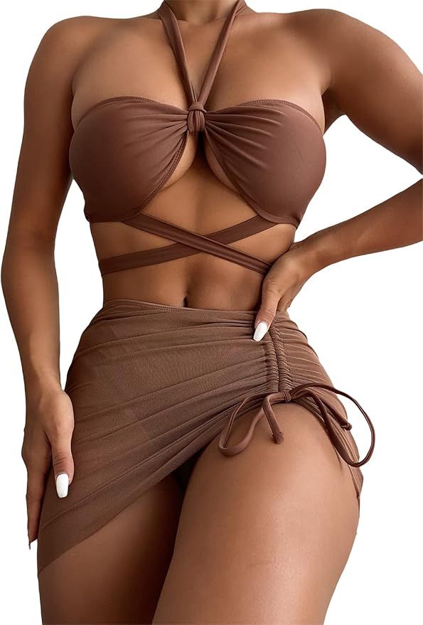 Milumia Women's 3 Piece Lace Up Bikini Swimsuit Set Halter Crisscross Bathing Suit Beachwear | Amazon (US)