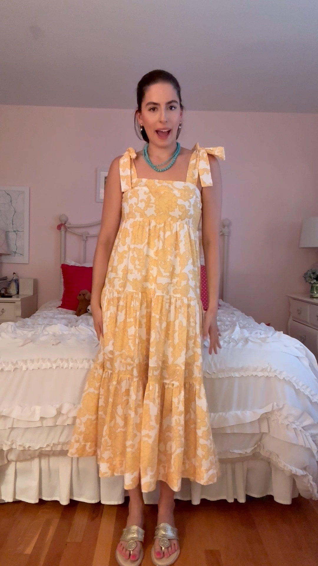 Late summer, late summer dress, yellow maxi dress, turquoise beads, teal necklace, Jack Rogers, sandals, bbq, barbecue 

#LTKSeasonal #LTKStyleTip #LTKFindsUnder100