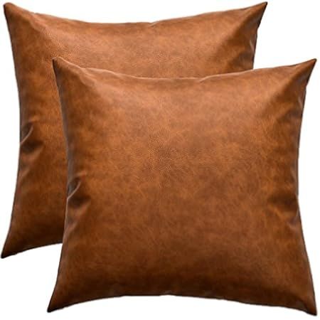 Bohoword Pack of 2 Faux Leather Throw Pillow Covers,Cognac Brown Boho Farmhouse Pillow Cases Solid M | Amazon (US)
