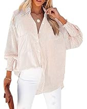 Women's Smocked Cuffed Striped Boyfriend Shirt Casual Collar Long Sleeve Button Down Blouse Tops wit | Amazon (US)