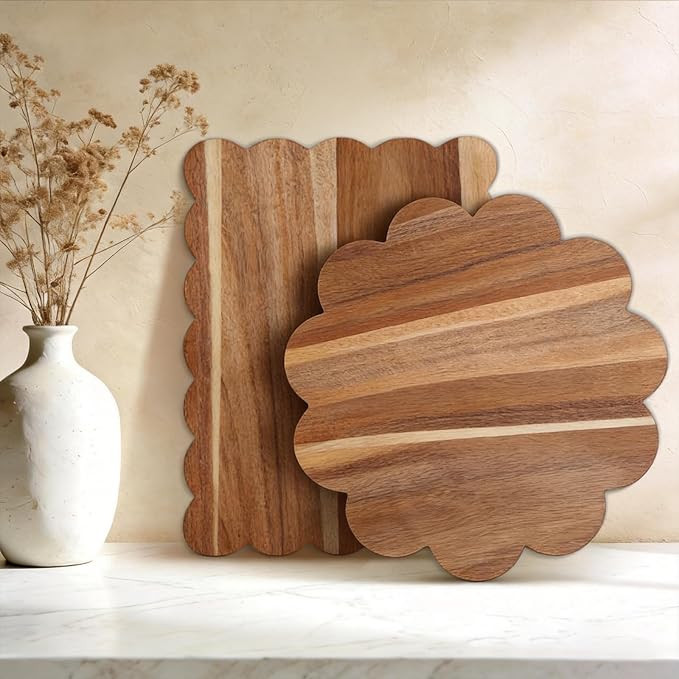 Acacia Wood Scalloped Cutting Boards Set, Decorative Wooden Charcuterie Boards with Handle for Ch... | Amazon (US)