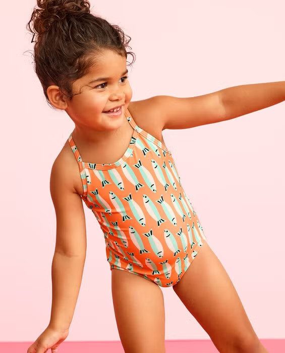 Girls' Sardines On Orange One-Piece Swimsuit - Size Big Kids 10 by Hanna Andersson | Hanna Andersson