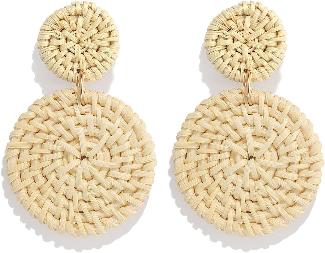 Rattan Earrings for Women Girls Handmade Lightweight Wicker Straw Stud Earrings Statement Weaving Br | Amazon (US)