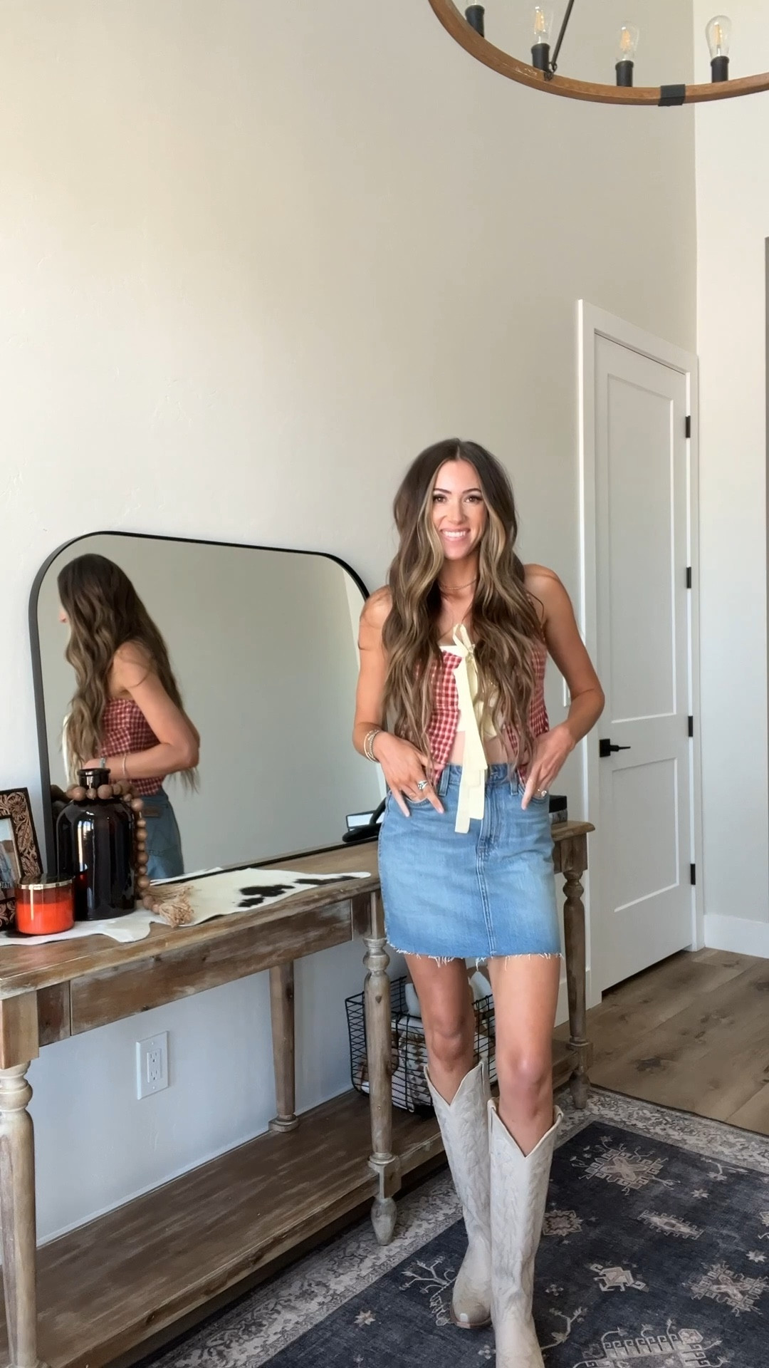 5’8”, Small top, 26 w- wearing true to size 

Top- Big Bratt Boutique 
Skirt- Wrangler 
Boots- Cavenders 

#LTKSeasonal #LTKFindsUnder50 #LTKPetite