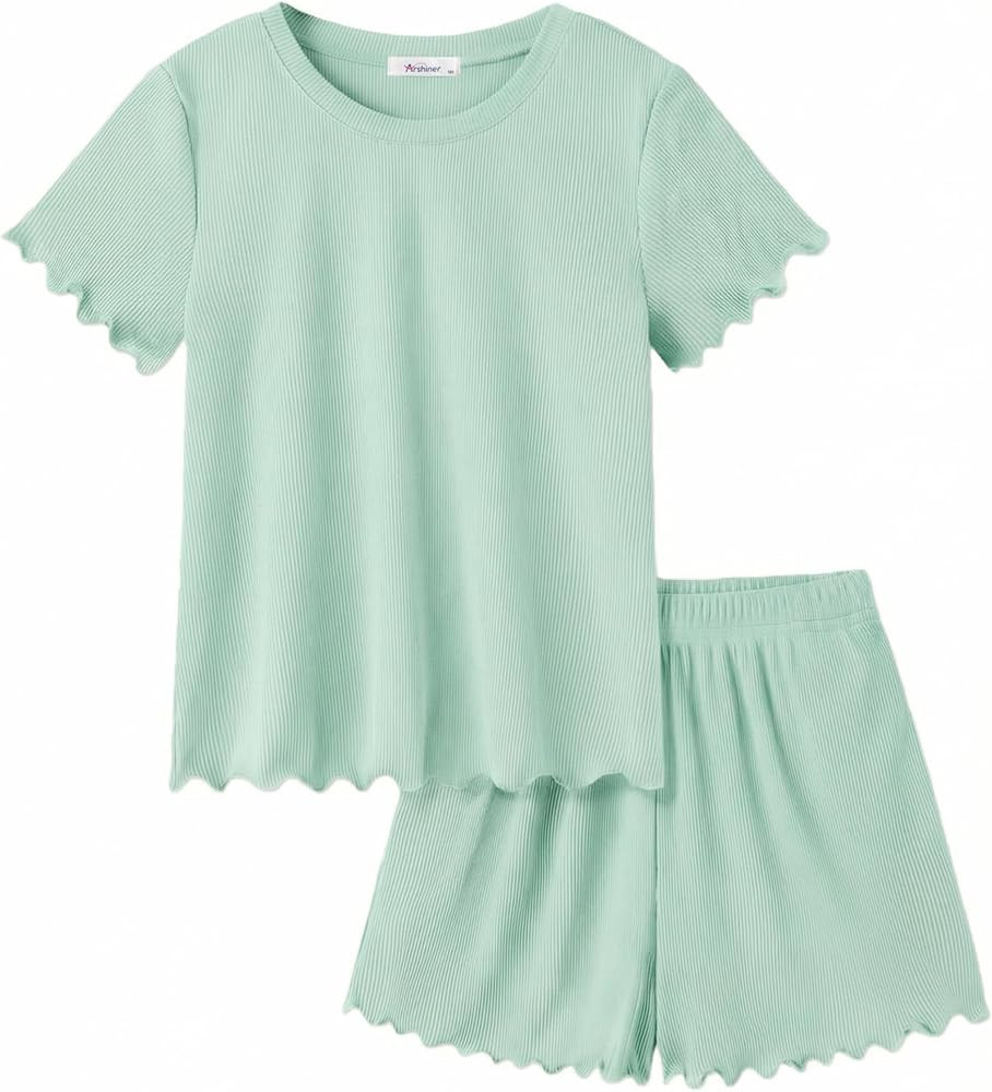Arshiner Girls Shorts Set 2\u2011Piece Ribbed Knit Summer Outfit Short Sleeve Top & Elastic Waist... | Amazon (US)