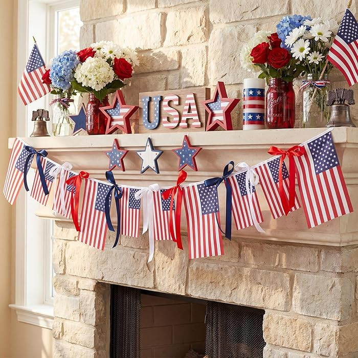 Chumia 4th of July American Flags Banner 6.56 ft Patriotic Bow Mantel Ribbon Garland 250th Annive... | Amazon (US)