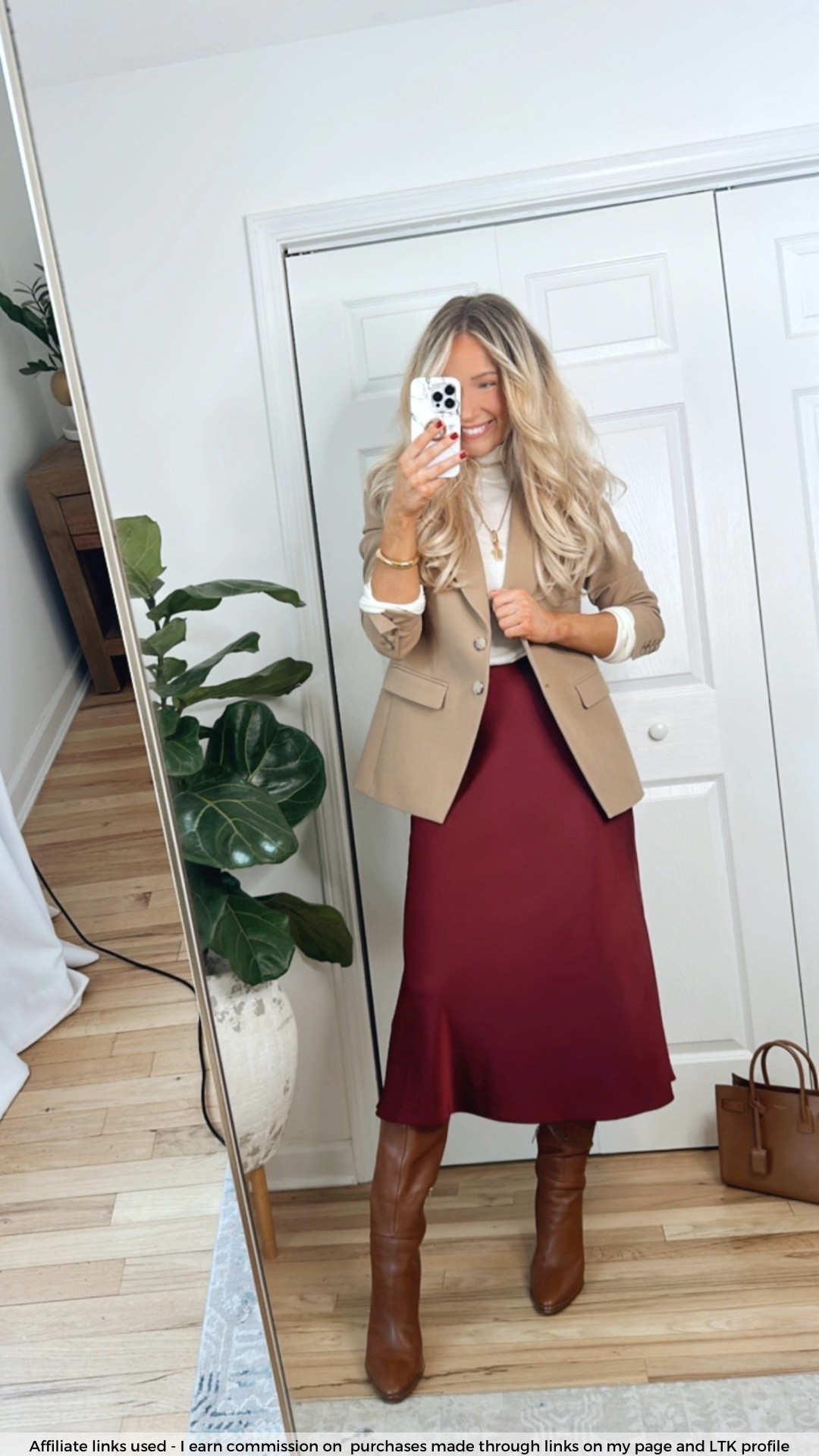 Winter work outfit

Burgundy slip skirt
Camel blazer 
Classic style
Brown knee high boots
Over 40 fashion
Modest 

#LTKWorkwear