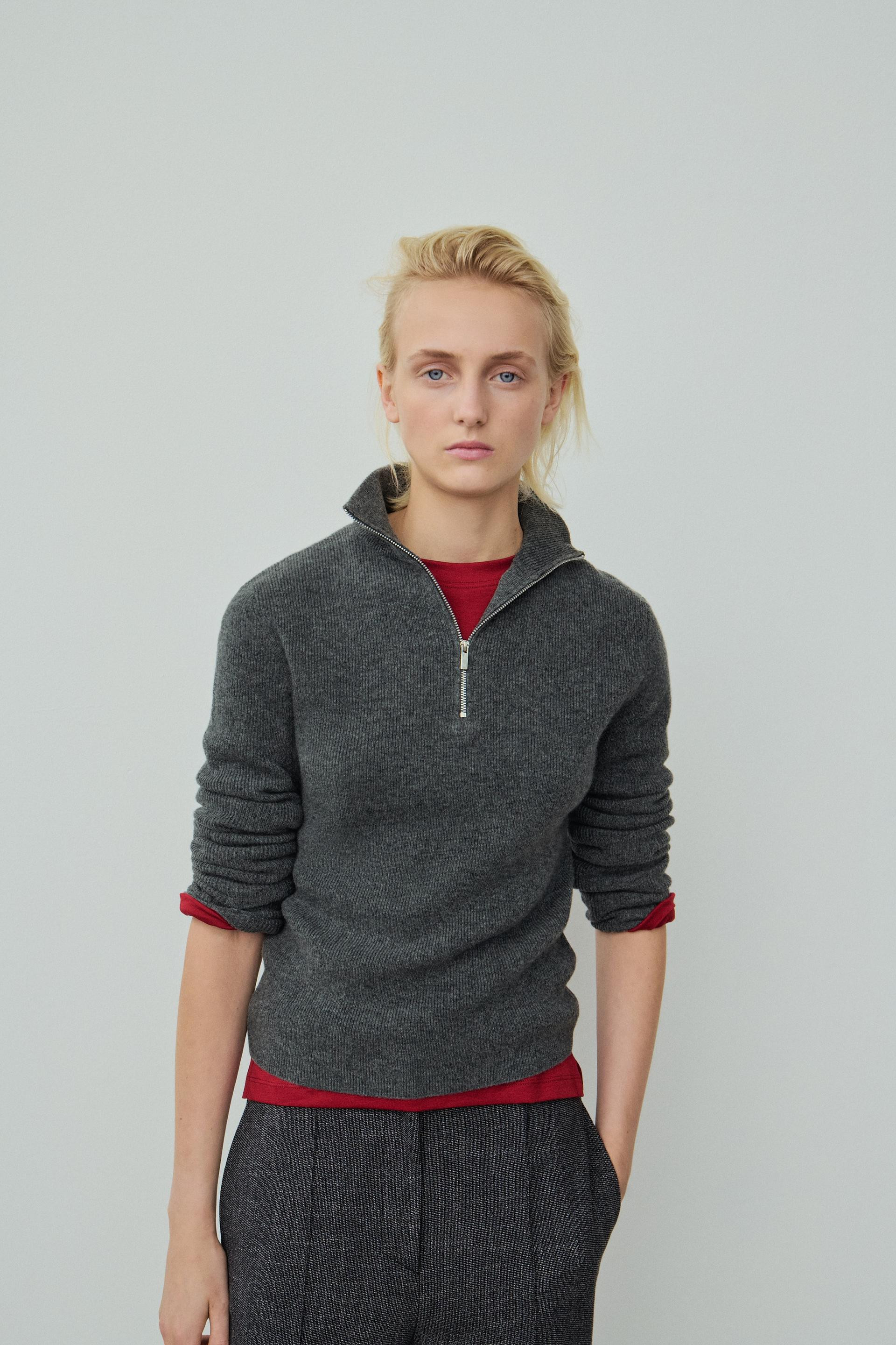 Zara - 100% Wool Zip-Up Jumper - Mid-Gray - L - Woman | Zara US