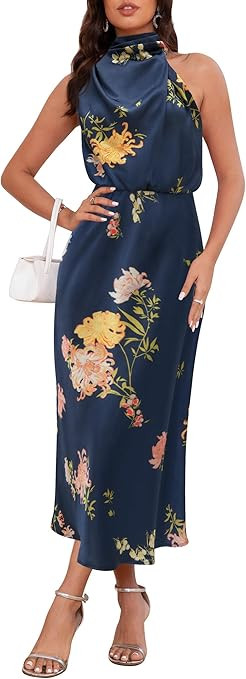 Women's 2026 Summer Satin Dress Elegant Formal Sleeveless Mock Neck Wedding Guest Cocktail Party ... | Amazon (US)