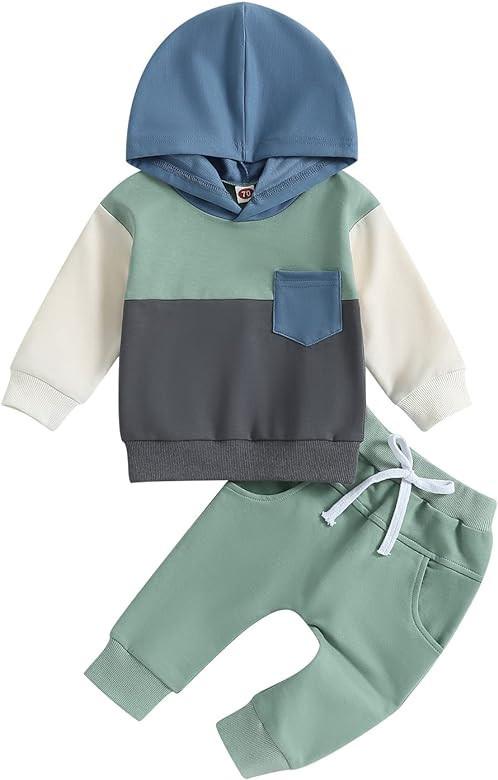KtwHarnu Toddler Baby Boy Clothes Color Block Hoodie Pullover Sweatshirt Tops and Jogger Pants Se... | Amazon (US)