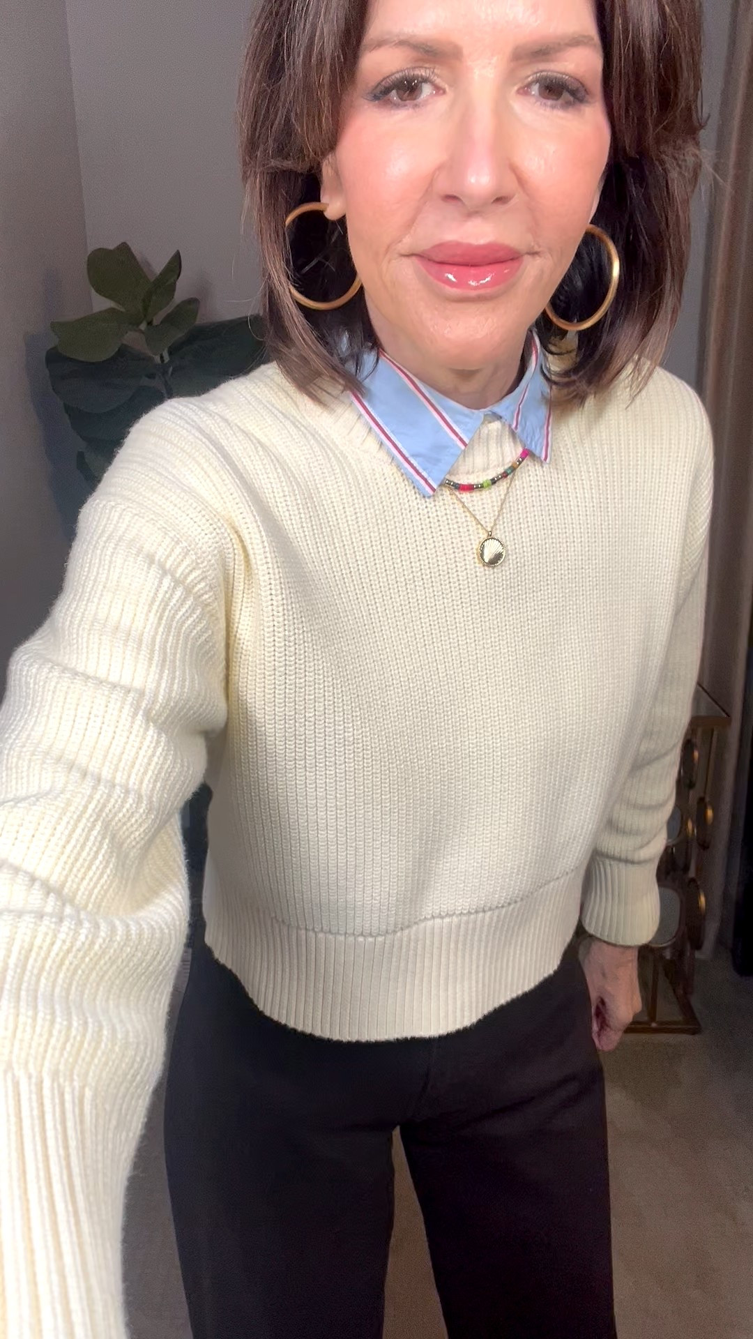 butter yellow sweater, brown wide leg pants, brown boots, beaded necklace, gold hoop earrings, over 50 outfits 

#LTKOver40 #LTKootd #LTKSeasonal