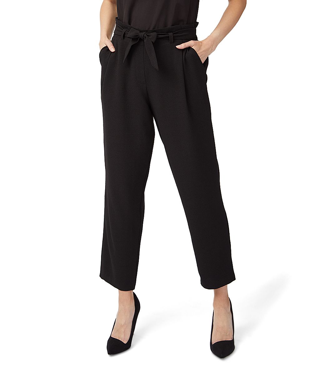 Minna Women's Dress Pants Black - Black Crepe Paper Bag-Waist Crop Pants - Women & Plus | Zulily